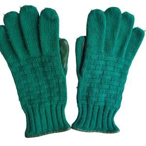 Vintage Forest Green Cable Lattice Knit Gloves Genuine Leather Trim Ladies OS